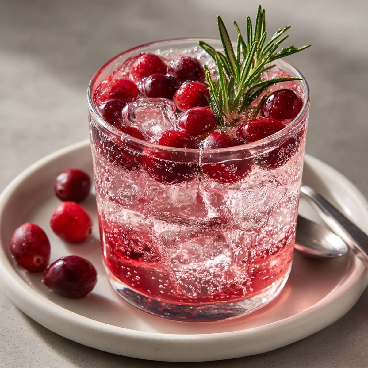 Refreshing cranberry rosemary spritzer served over ice with vibrant cranberry and herbal notes