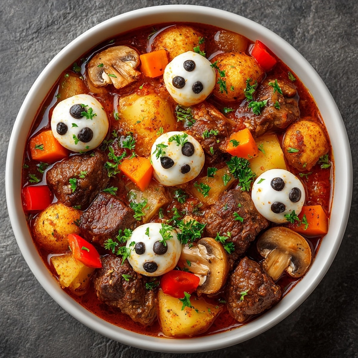 Festive Ghoul-ash Stew served in bowls, garnished with parsley, ready to enjoy on Halloween.