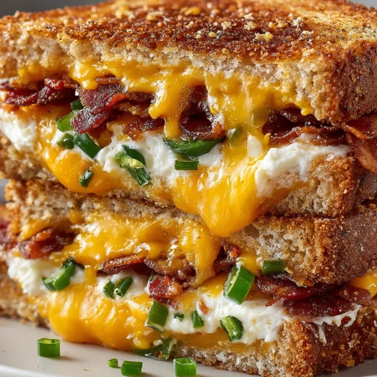 Golden Jalapeño Bacon Grilled Cheese sandwich, sliced in half, showcasing melted cheese and spicy peppers.