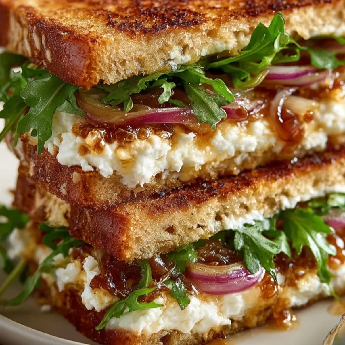Golden Fig Jam and Goat Cheese Grilled Cheese oozing from crusty, buttered sourdough.
