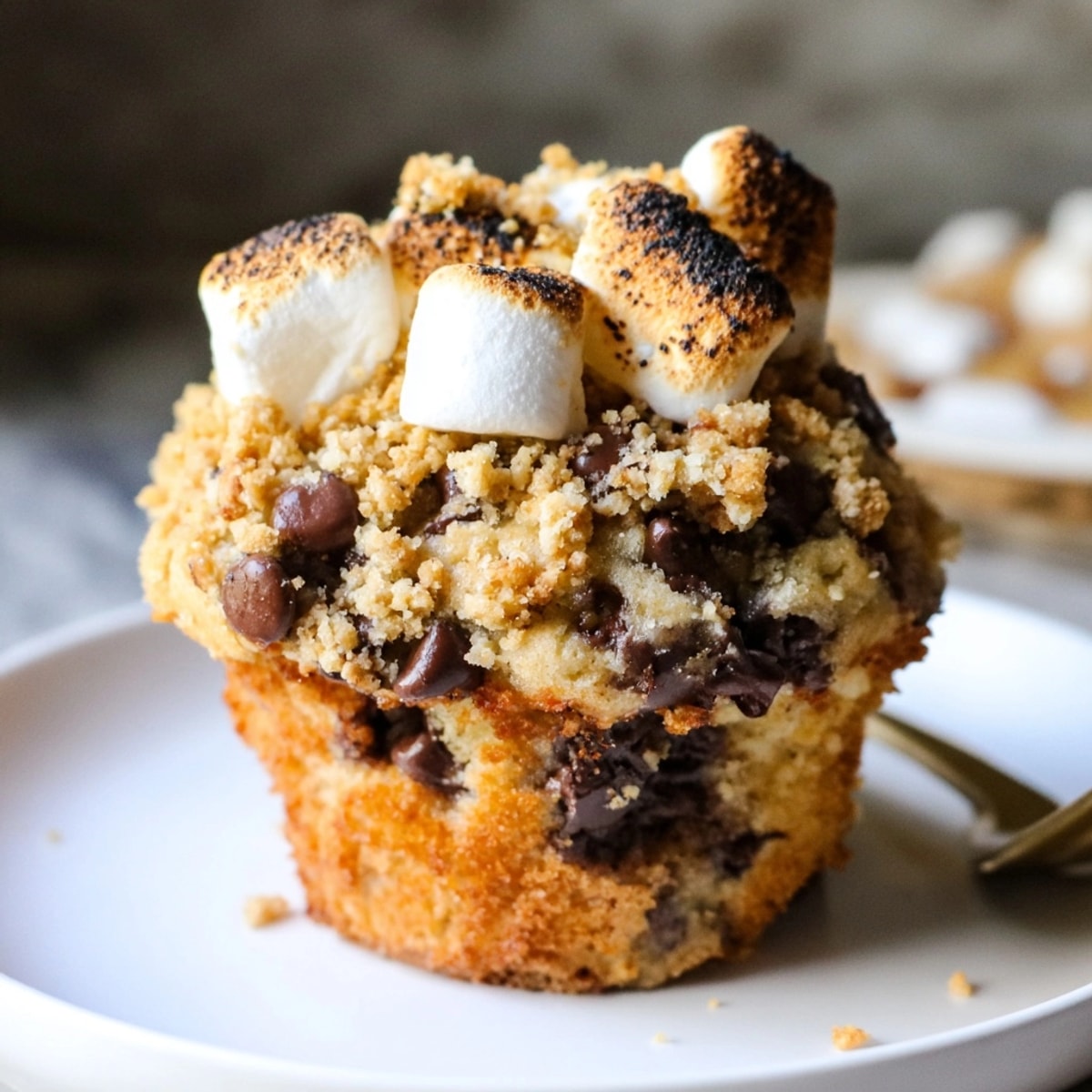Homemade S’mores Chocolate Chip Muffins recipe, featuring melted chocolate and toasted marshmallows.