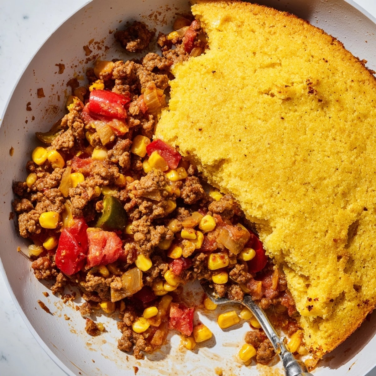 A warm slice of cheesy, moist Turkey Cornbread Skillet, dotted with tender corn.