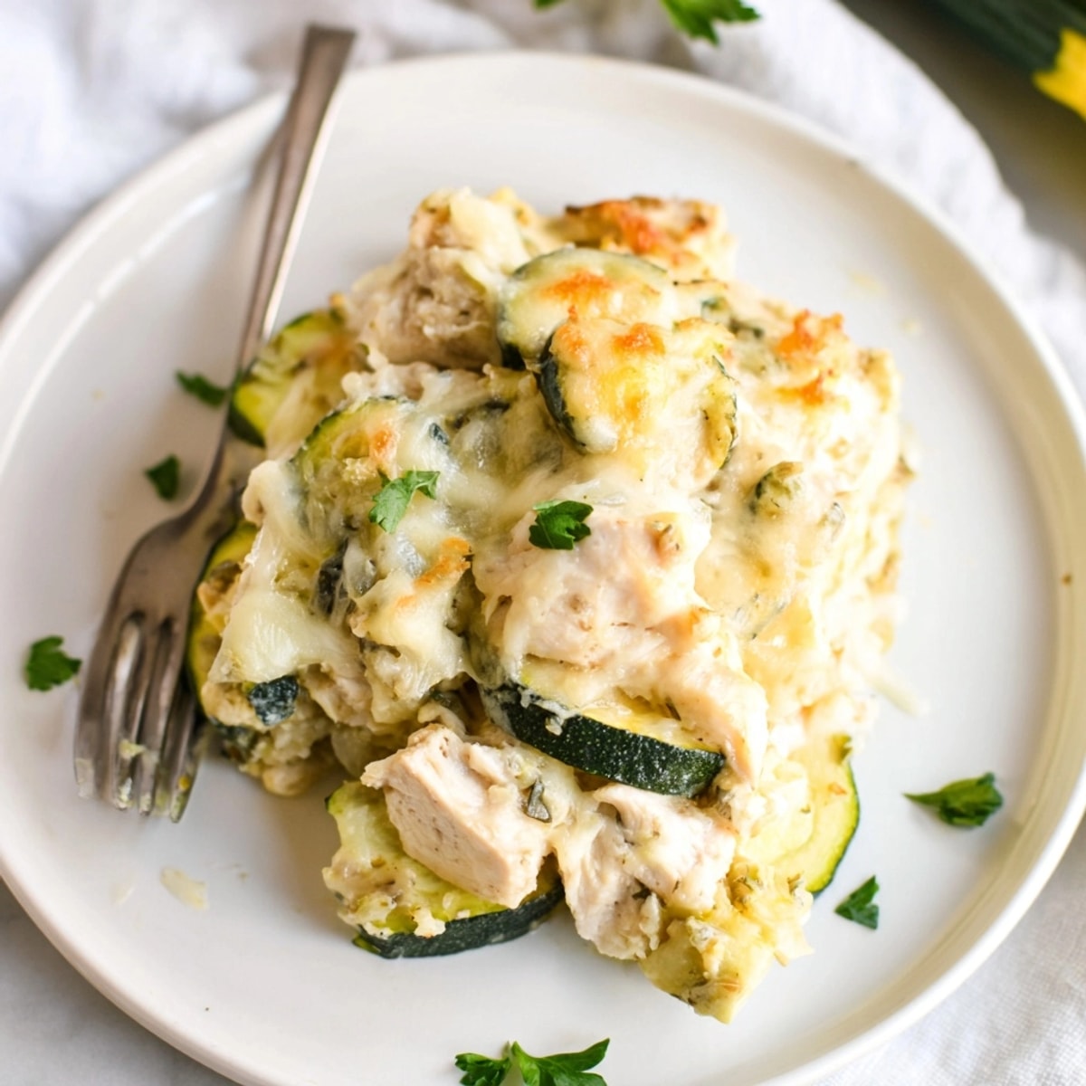 Baked Alfredo Chicken Zucchini Casserole, ready-to-eat, showcasing golden-brown cheese and parsley garnish.