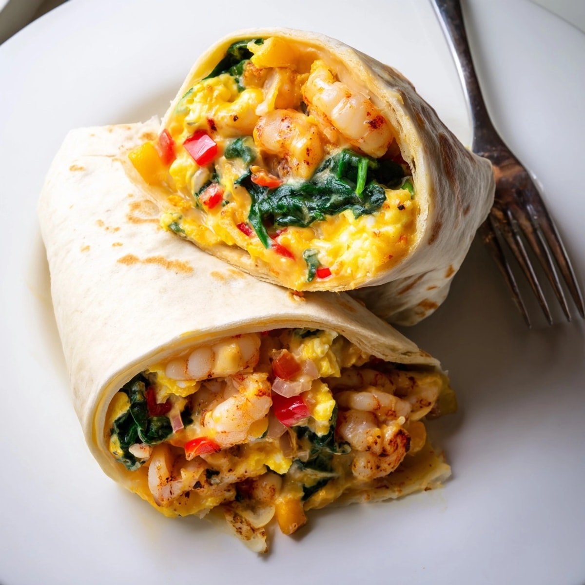 Golden Shrimp & Spinach Breakfast Burritos: Warm tortillas filled with flavorful shrimp, creamy eggs and spinach.