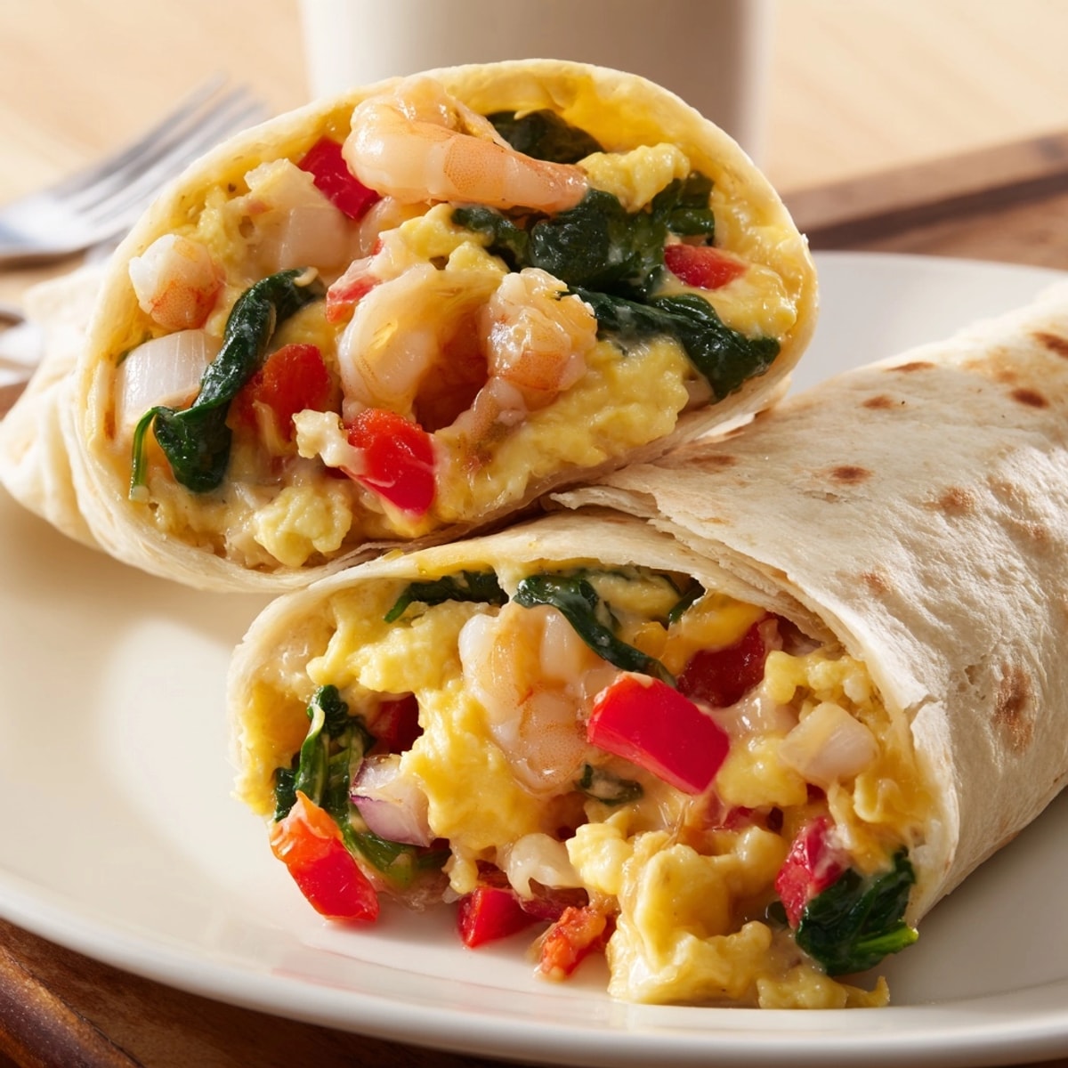 Homemade Shrimp &amp; Spinach Breakfast Burritos ready to eat, garnished with salsa and avocado.