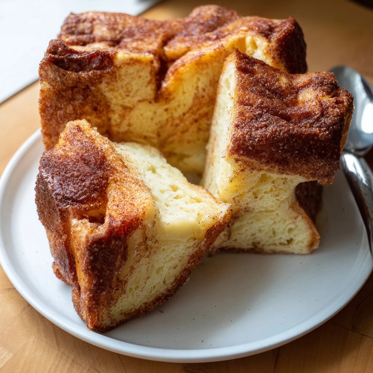 Golden Cinnamon Vanilla Bread Pudding: Soft bread soaking in creamy, spiced custard.
