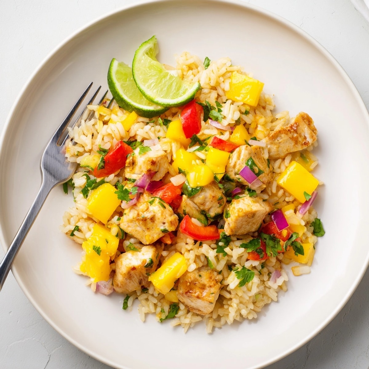Savory Mango Cilantro Chicken Rice, garnished with cilantro, ready to enjoy for dinner.
