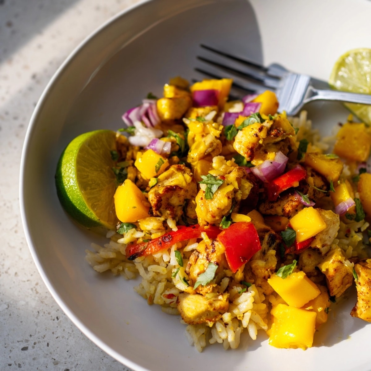 Easy weeknight Mango Cilantro Chicken Rice, a flavorful fusion of fruits and spices.