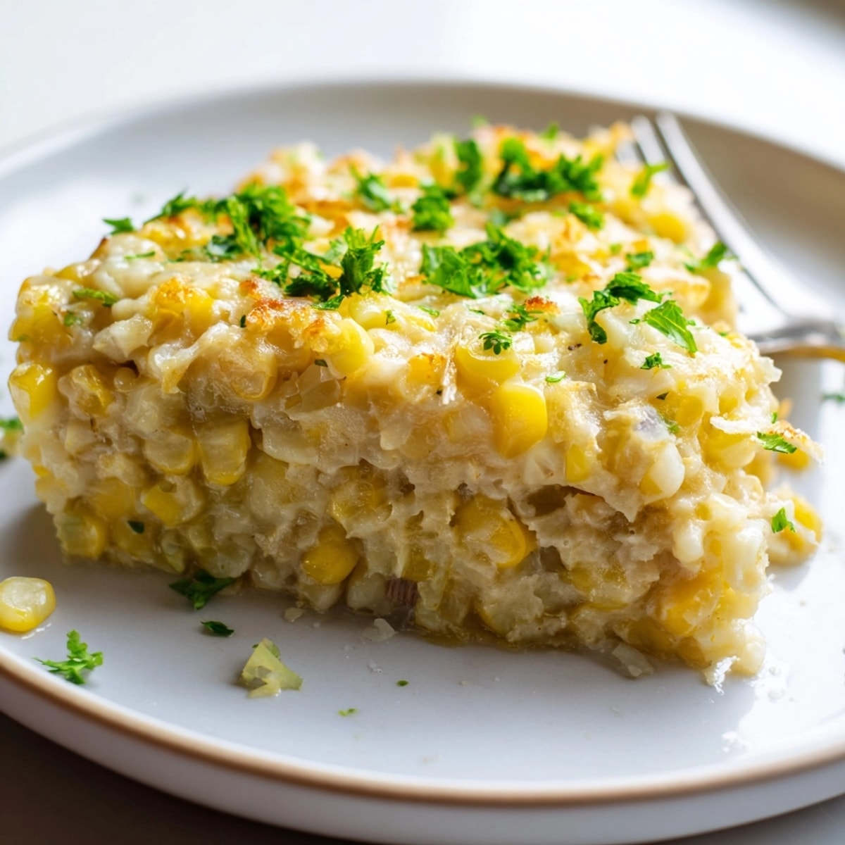 Golden Garlic Parmesan Sweet Corn Bake bubbling hot, topped with fresh parsley bits.