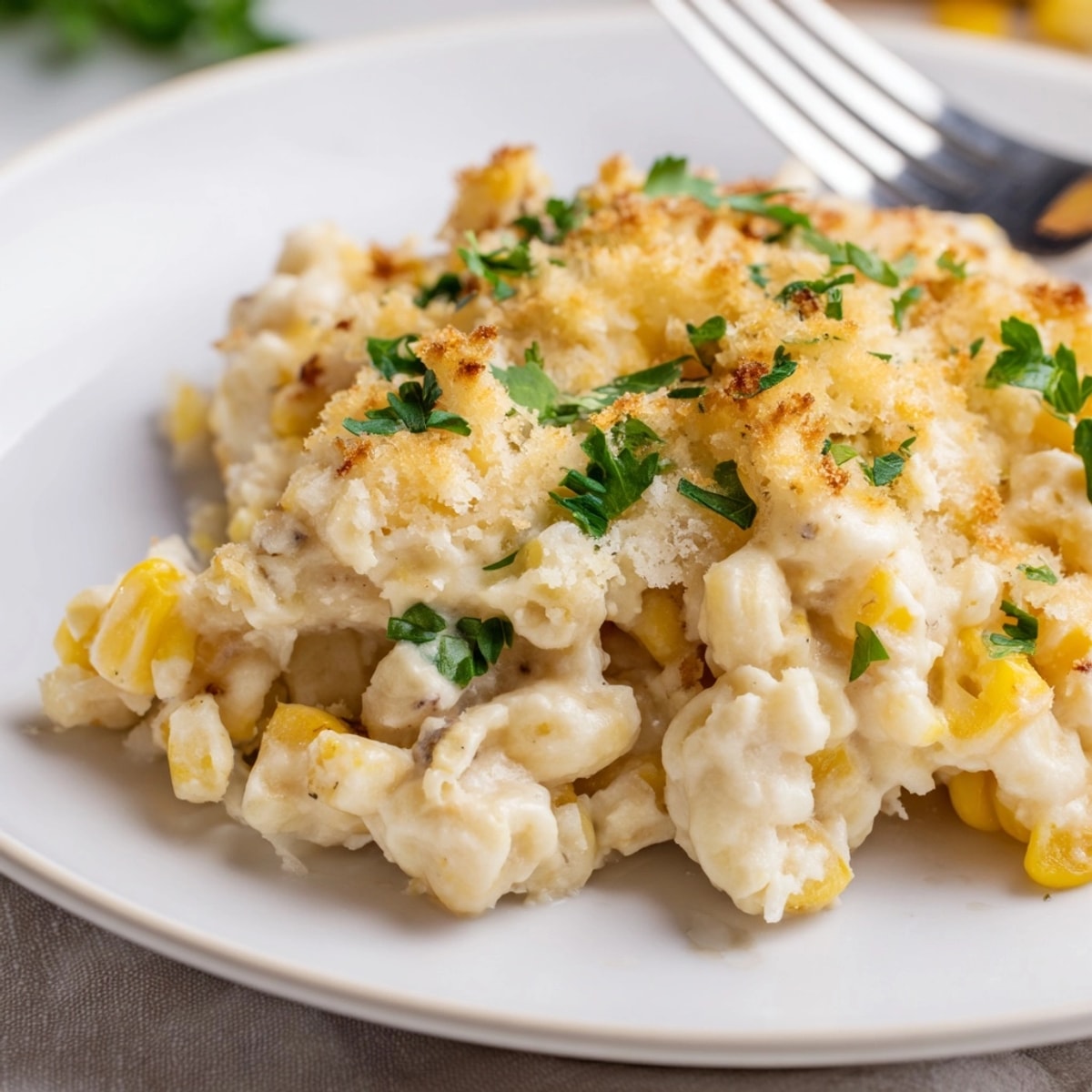 Scoops of cheesy, savory Garlic Parmesan Sweet Corn Bake, fragrant and creamy delight.