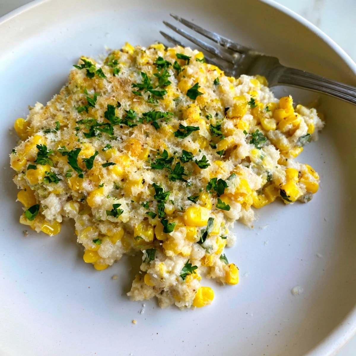 Homemade Garlic Parmesan Sweet Corn Bake: Warm, cheesy layers of creamy corn casserole.