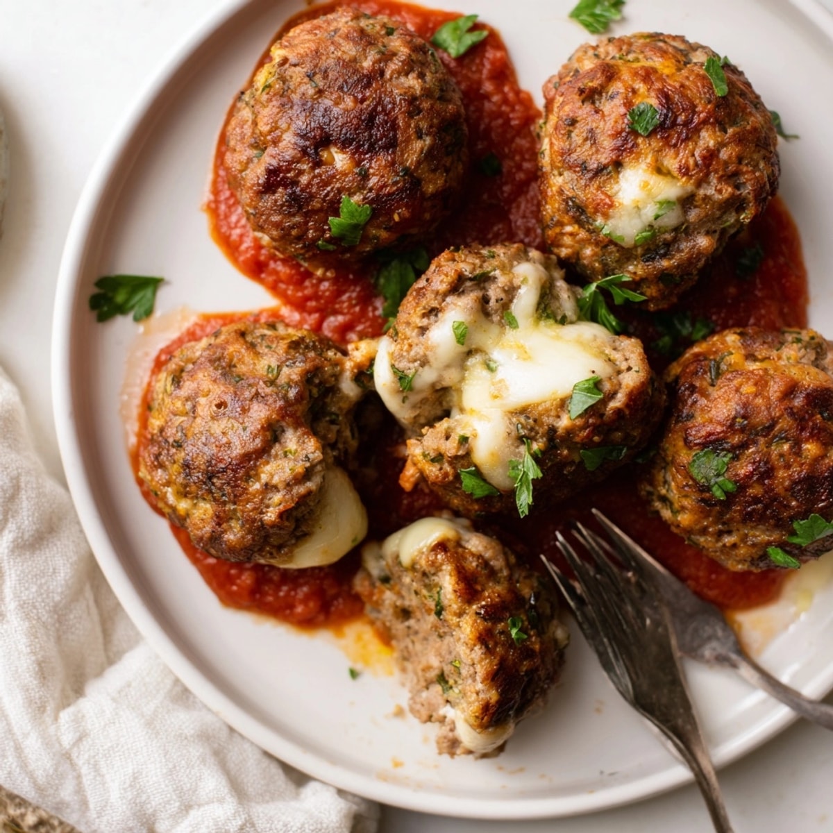 Close-up shot of sizzling cheesy Cajun stuffed meatballs, browned and bubbling on a pan.
