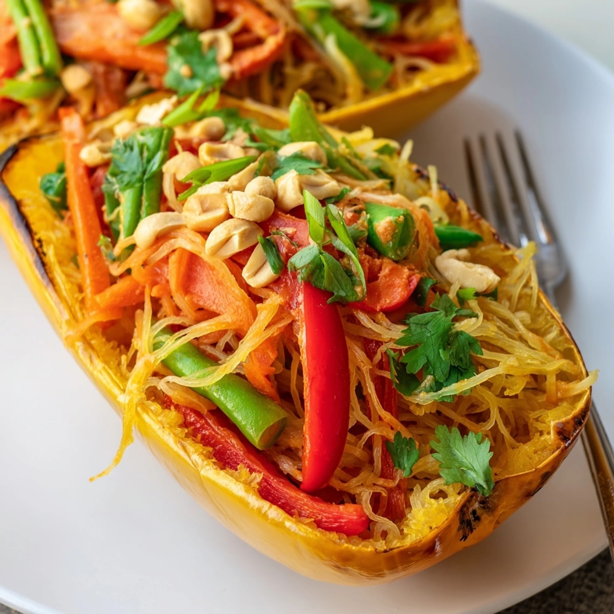 Close-up of Thai Peanut Spaghetti Squash Boats, loaded with vibrant veggies and creamy sauce.