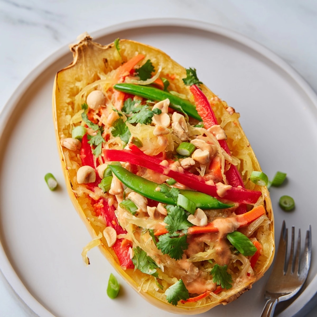 Savory, healthy Thai Peanut Spaghetti Squash Boats, ready to serve as a satisfying meal.