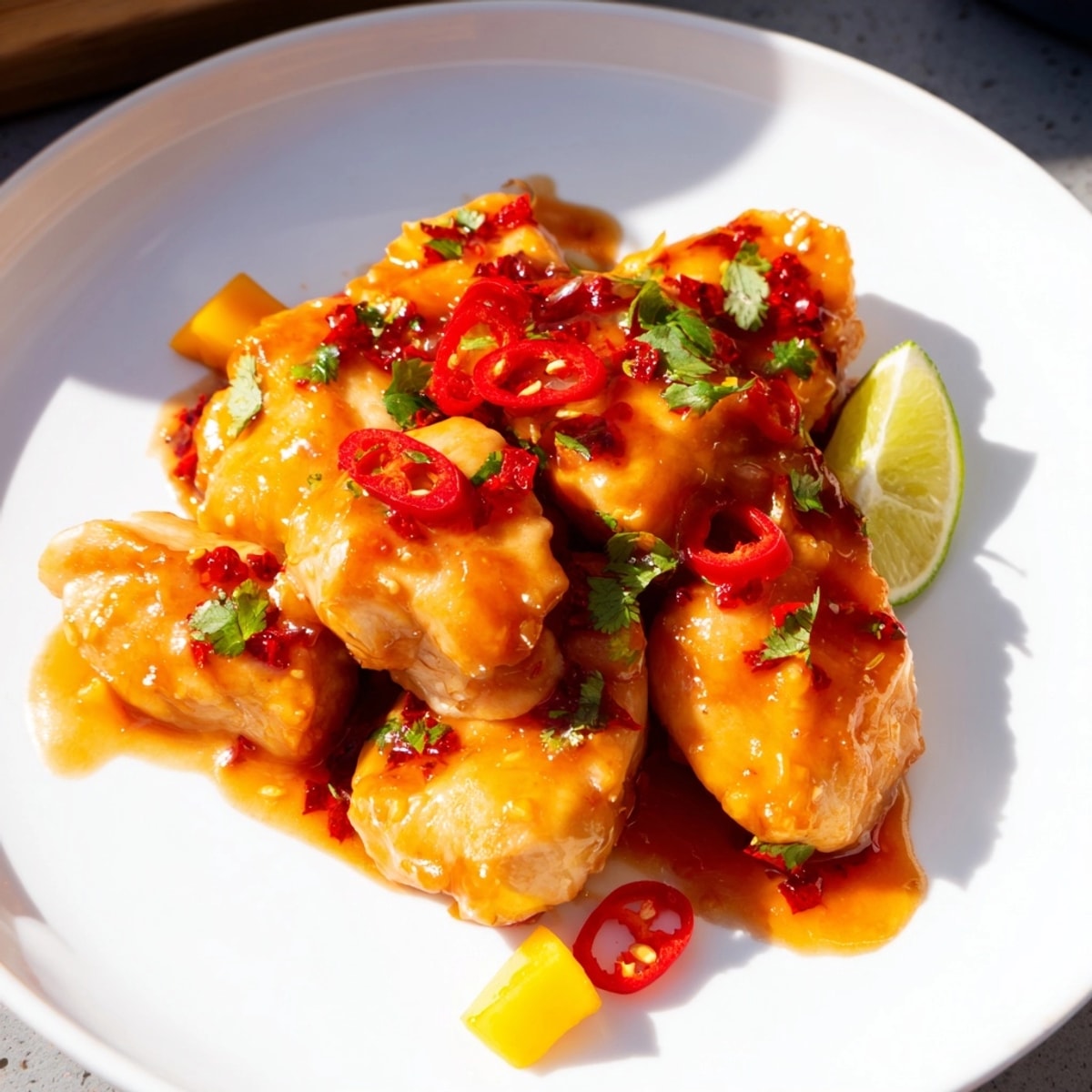 Mango Sweet Chili Chicken Bake: Juicy chicken glistening with a vibrant, fruity-spicy glaze.