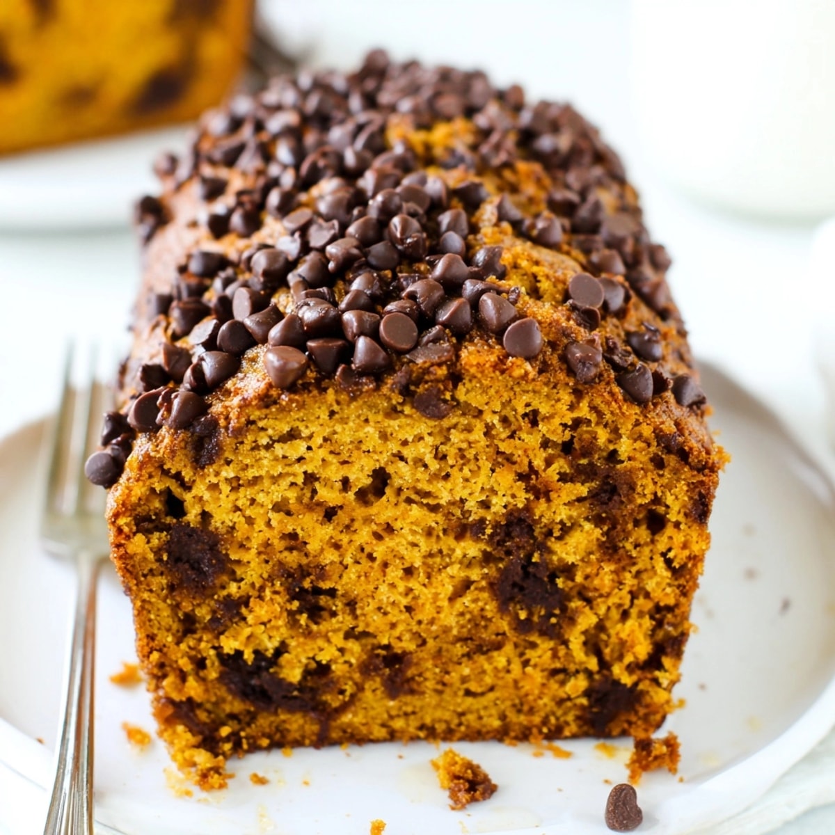 Close-up of a delectable Protein Pumpkin Chocolate Chip Loaf, studded with melted chocolate.