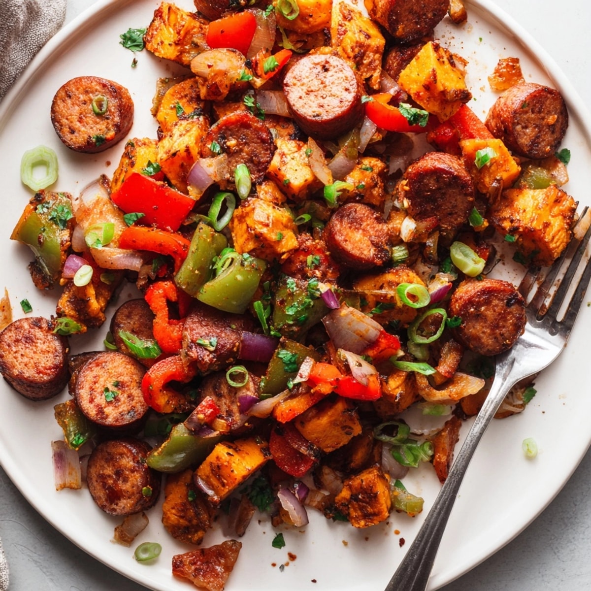 Hearty skillet of Cajun Sausage Sweet Potato Hash, topped with fresh herbs, deliciously spiced.