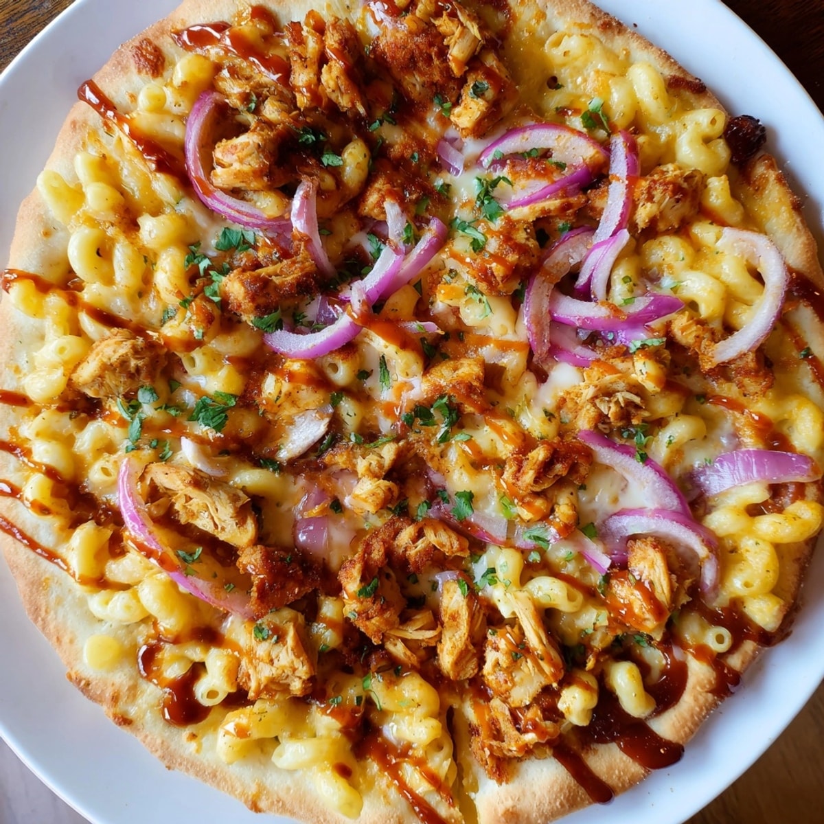Close-up of cheesy Mac and Cheese BBQ Chicken Pizza slice, ready to serve hot.