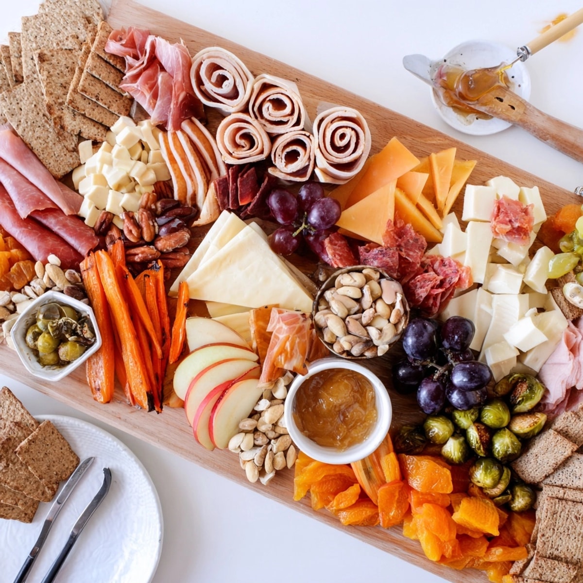 Eye-level view of a scrumptious and artfully arranged Loaded Harvest Charcuterie Board.