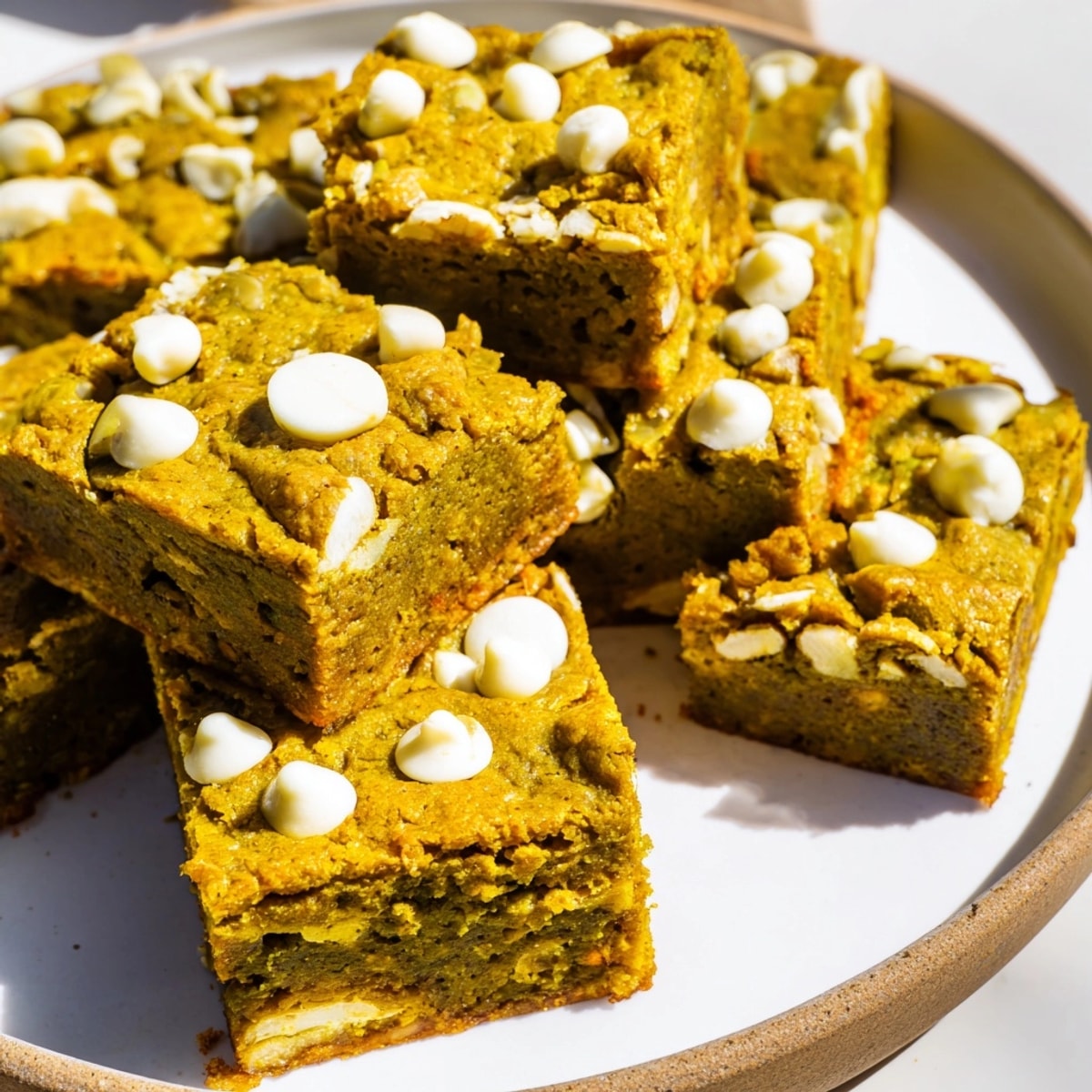 Golden brown Matcha Pumpkin Muffin Blondies with melted white chocolate chips offer chewy, comforting flavor.
