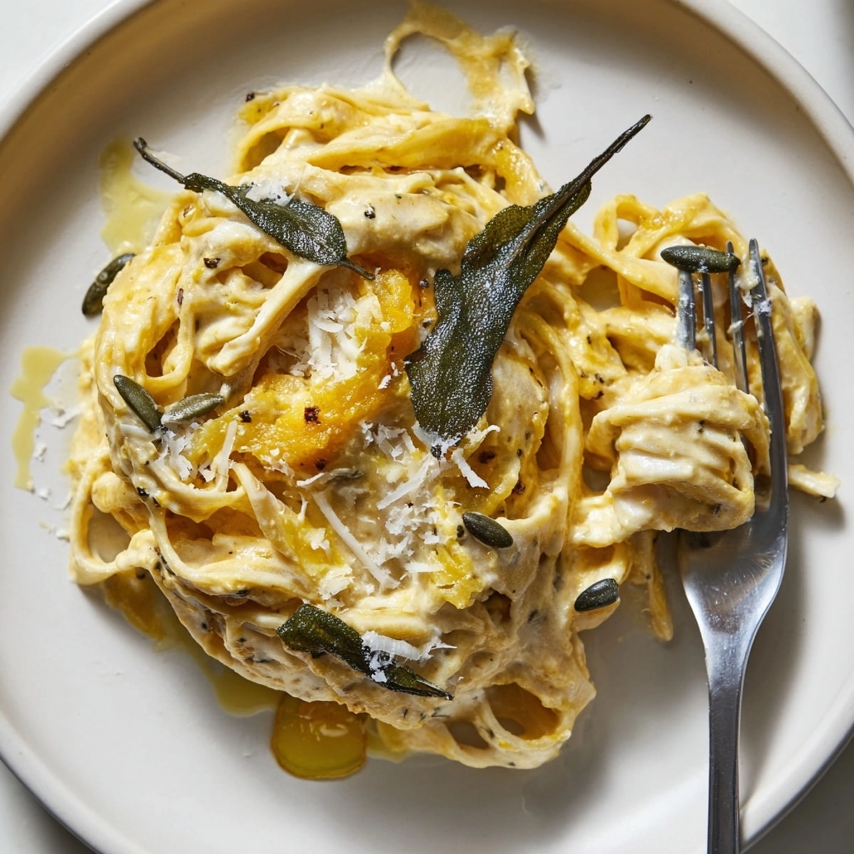 Creamy Festive Pumpkin Pasta with Sage Brown Butter, garnished with crispy sage.