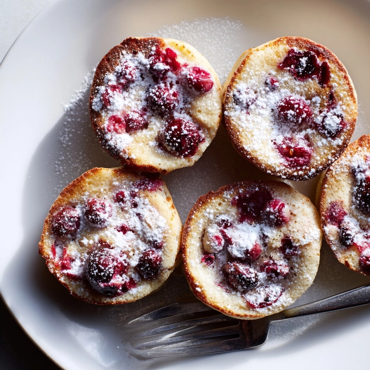 Golden brown Cranberry Mochi Muffin Blinis, slightly crisp, fresh off the skillet, ready to enjoy.