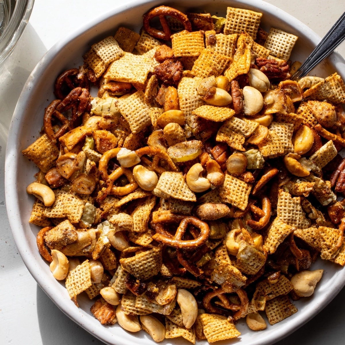 Golden Spicy Jalapeño Holiday Snack Mix fresh from the oven, toasty, tempting.