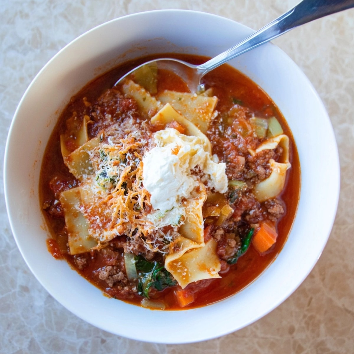 Fragrant Lasagne Soup with Kimchi Crunch: A colorful bowl topped with fresh ingredients.