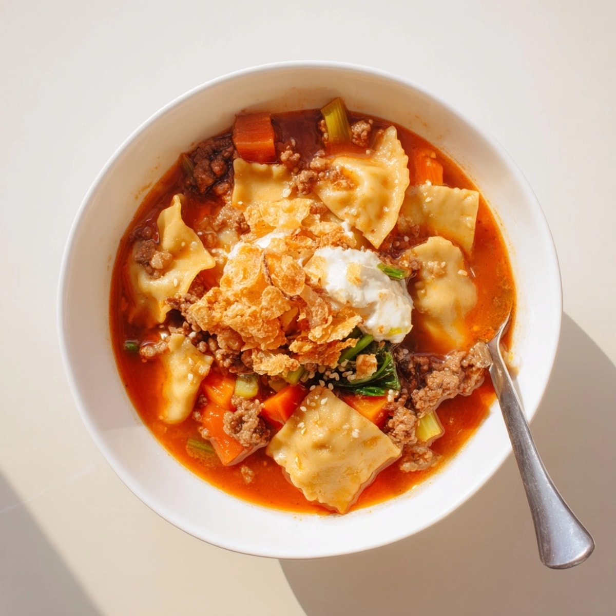 Hearty Lasagne Soup with Kimchi Crunch, ready to serve, an Italian-Korean fusion.