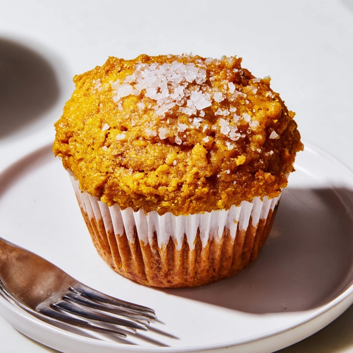 Golden-brown pumpkin muffins, glistening with flaky salt, cooling on a wire rack.