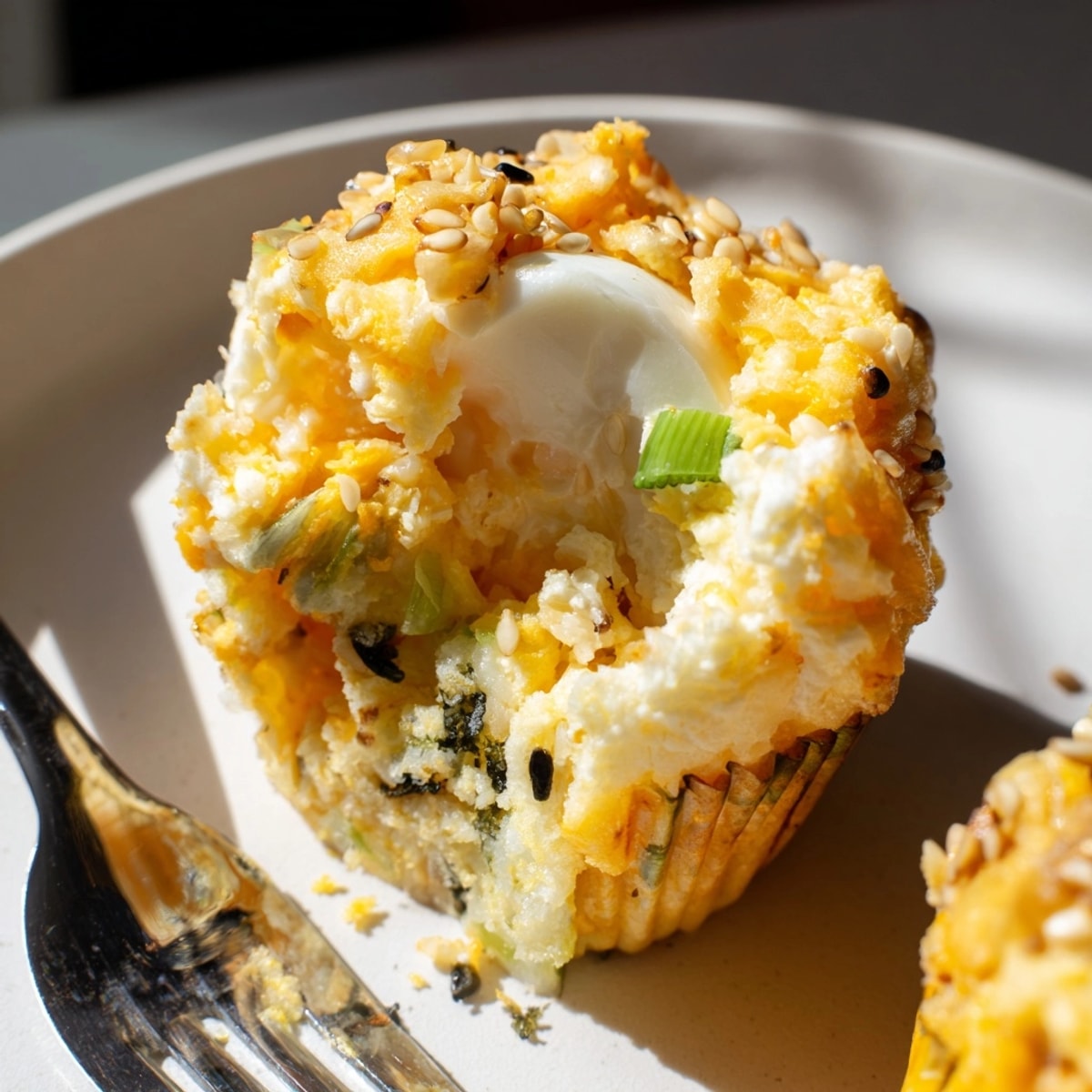 Golden baked Japanese Ramen Egg Breakfast Muffins showing soft, flavorful ramen egg center.
