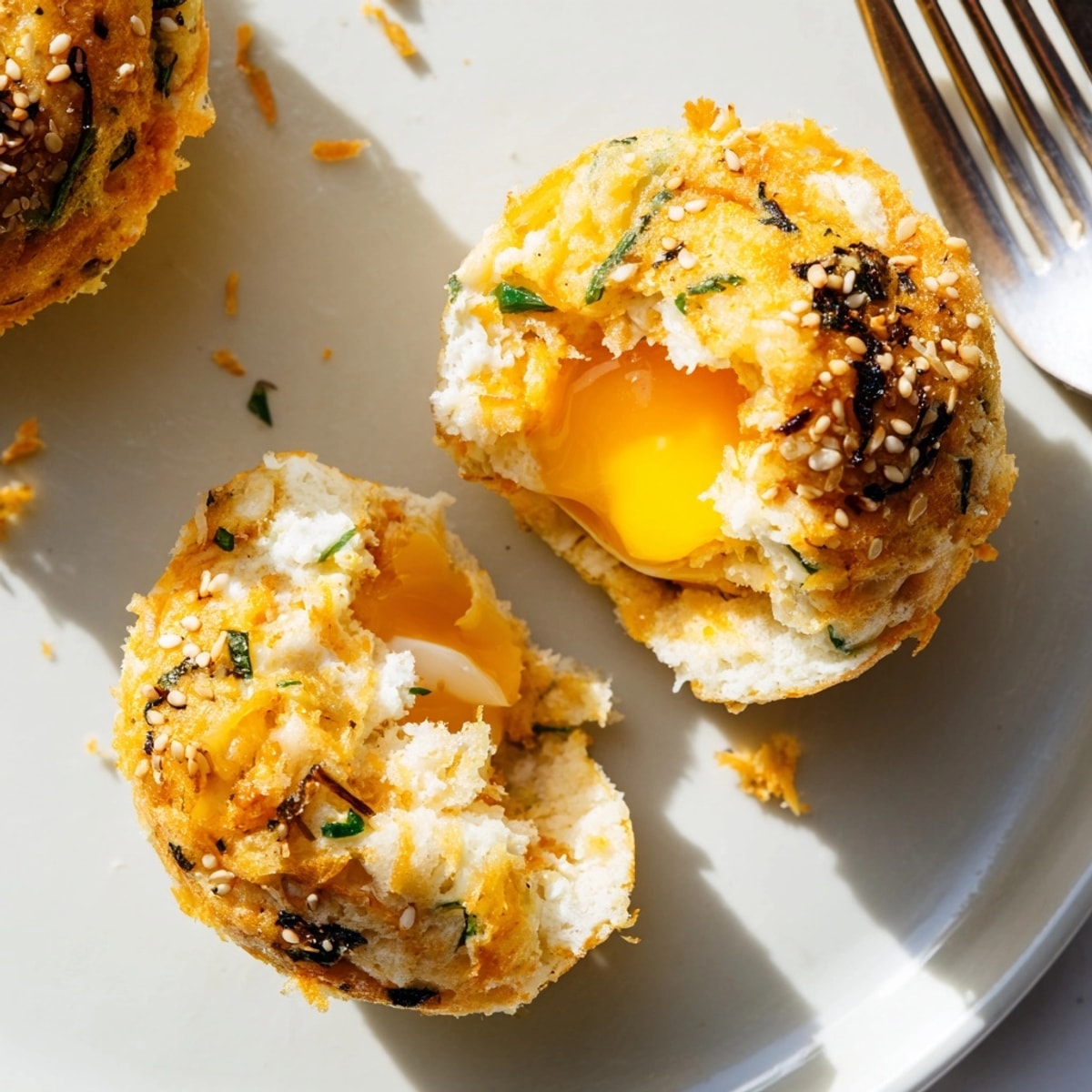 Close-up of cheesy, savory Japanese Ramen Egg Breakfast Muffin, warm from the oven.