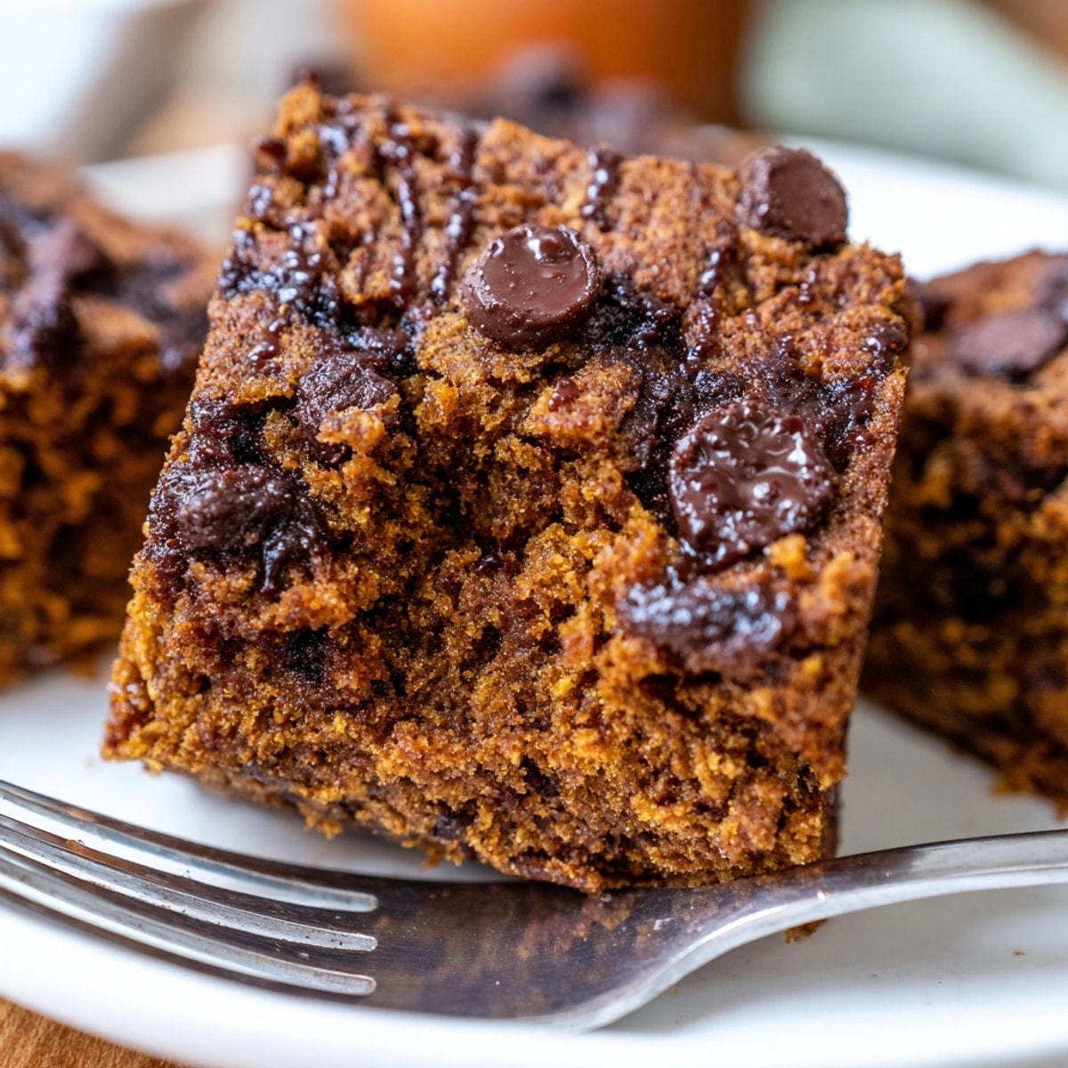 Warm, fresh-baked Gingerbread Pumpkin Chocolate Chip Muffin Bars, ready to slice and serve.