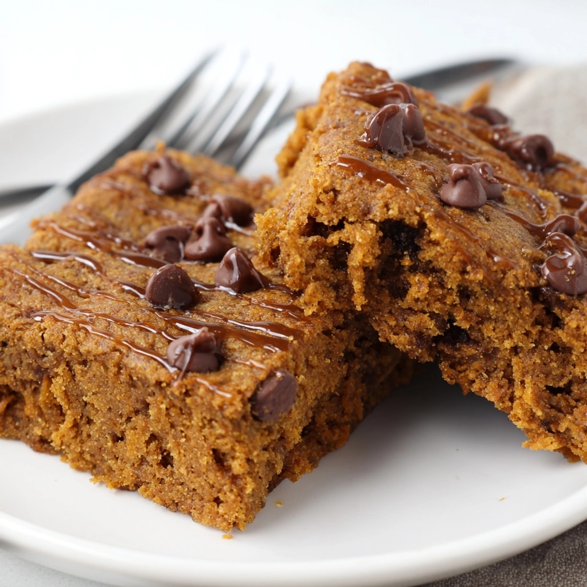 Golden-brown Gingerbread Pumpkin Chocolate Chip Bars—a spiced, sweet baked treat, perfect warm.