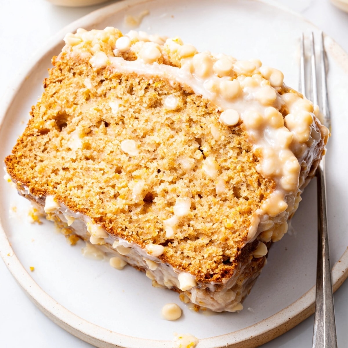 Warm, spiced Pumpkin White Chocolate Muffin Loaf; a soft slice with melting chips.