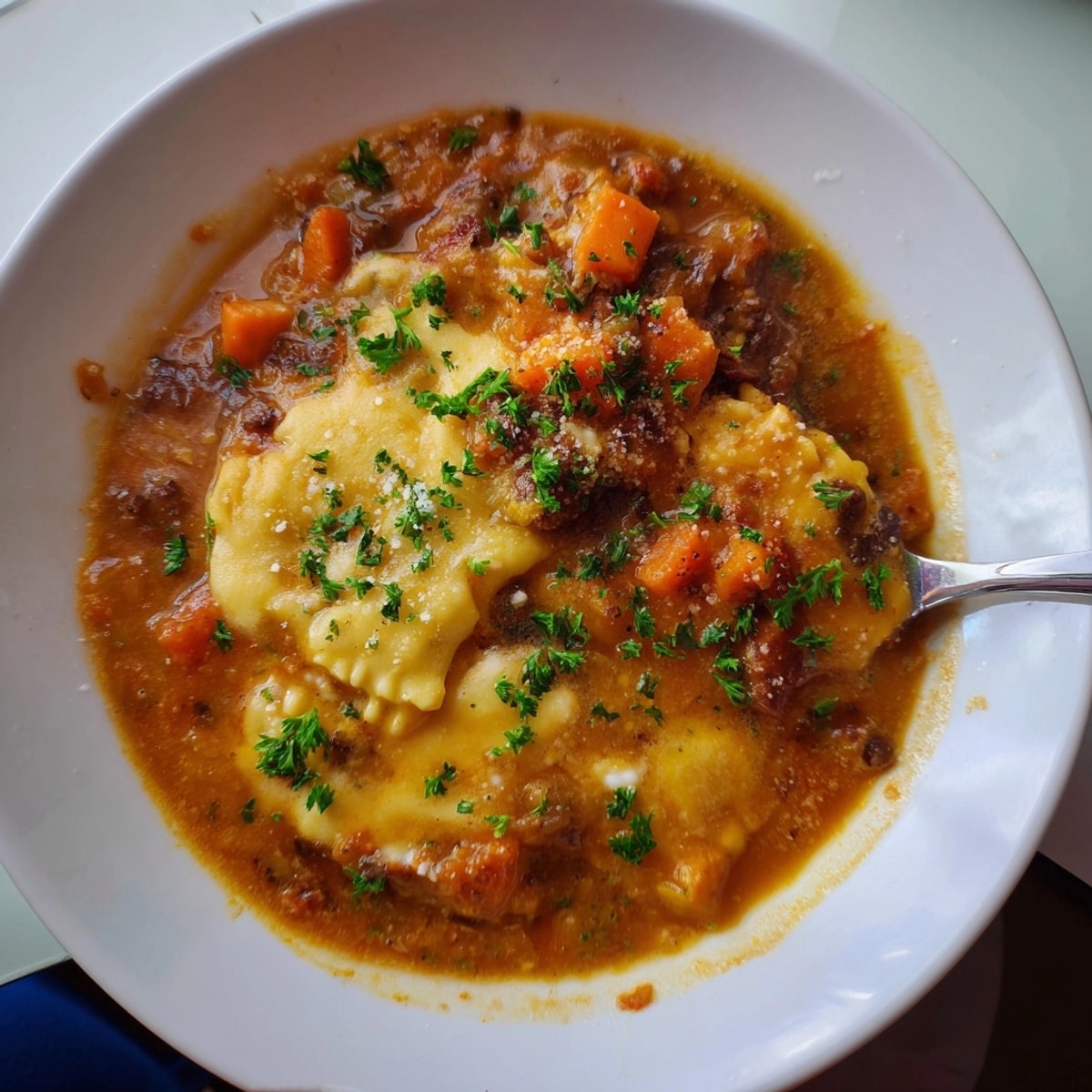 Hearty Lasagne Soup: golden caramelized onion swirl atop a steaming bowl.