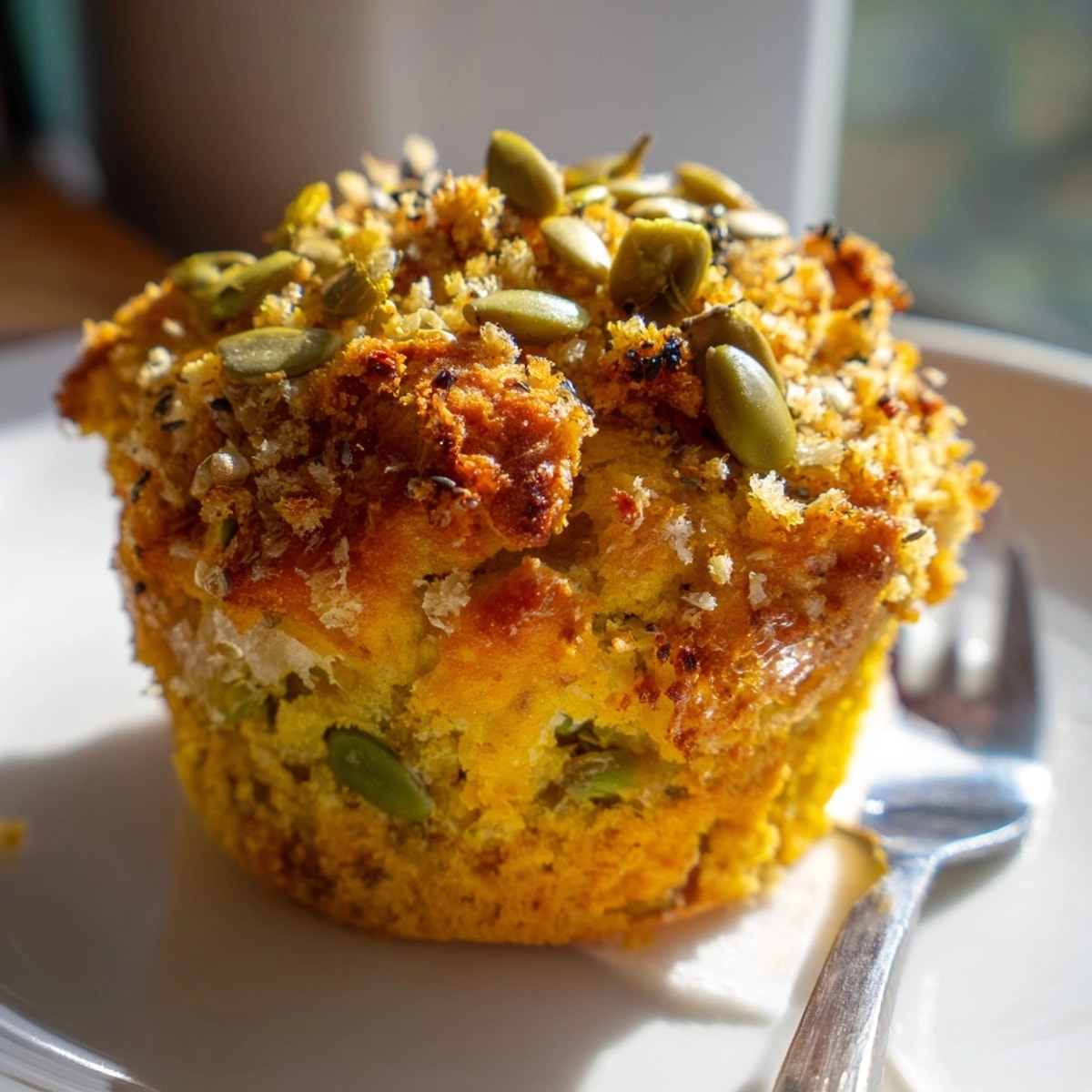 Golden Crispy Edamame Pumpkin Muffins with a crunchy pepita topping, ready for serving.
