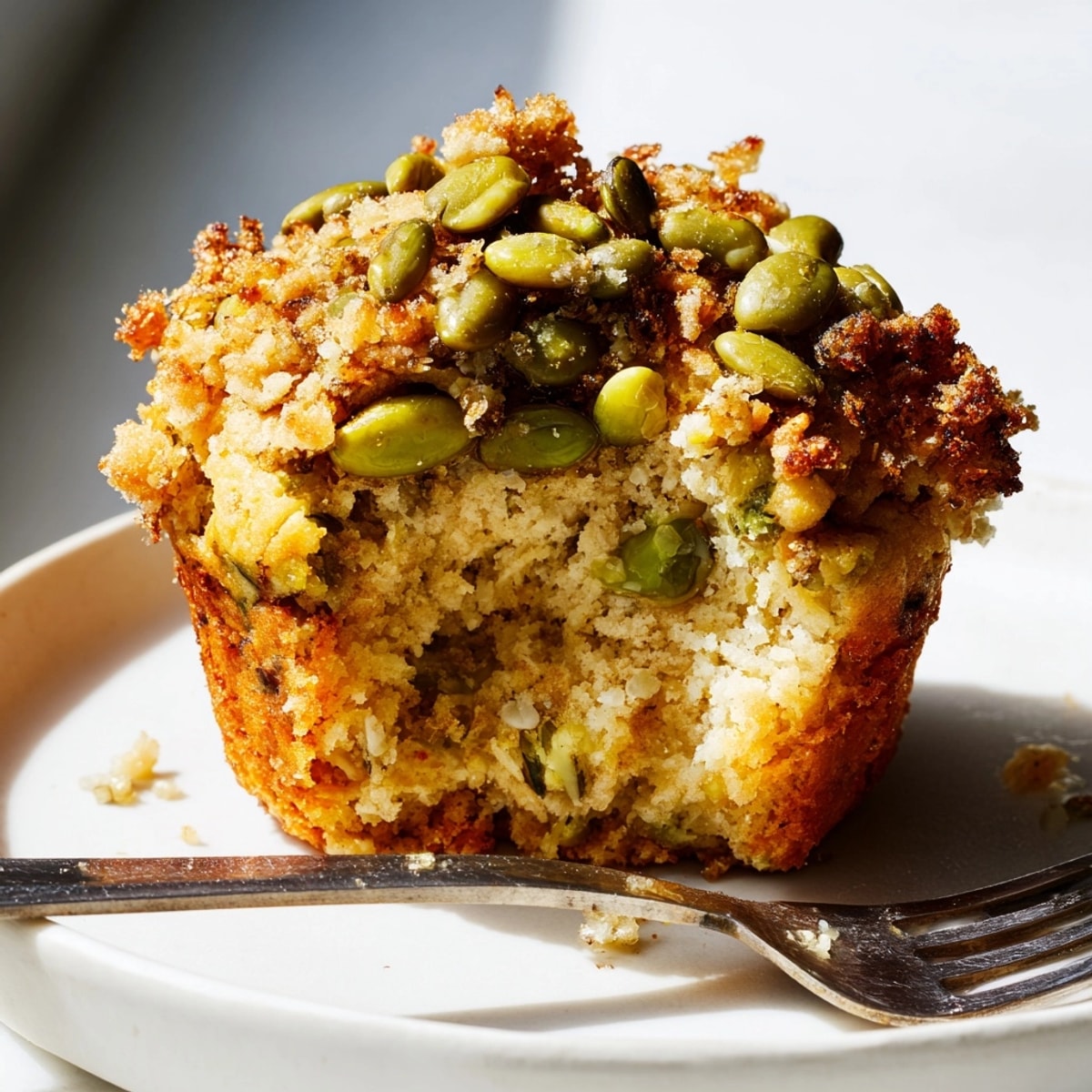 Warm, aromatic Crispy Edamame Pumpkin Muffins cooling on a rack, speckled dark green.