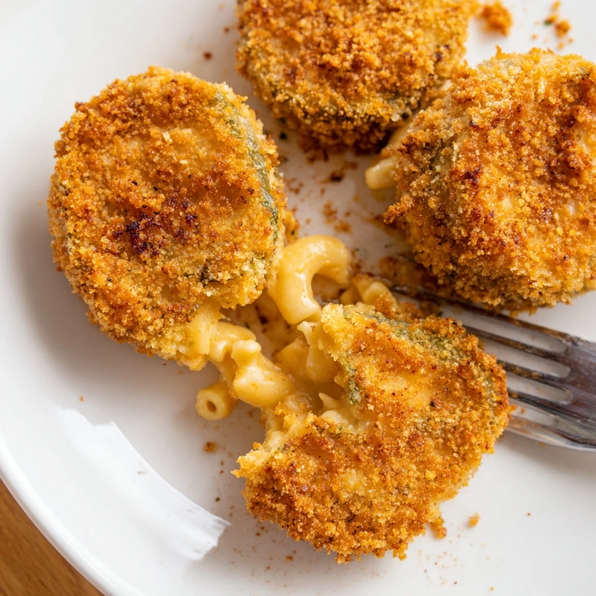 Crispy Mac and Cheese Fried Pickle Rings garnished with zesty dipping sauce for delightful snacking.