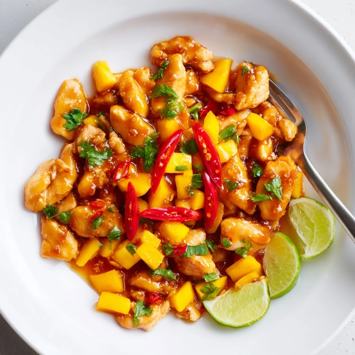 Vibrant Mango Chili Garlic Chicken Skillet garnished with red chili for an extra kick.
