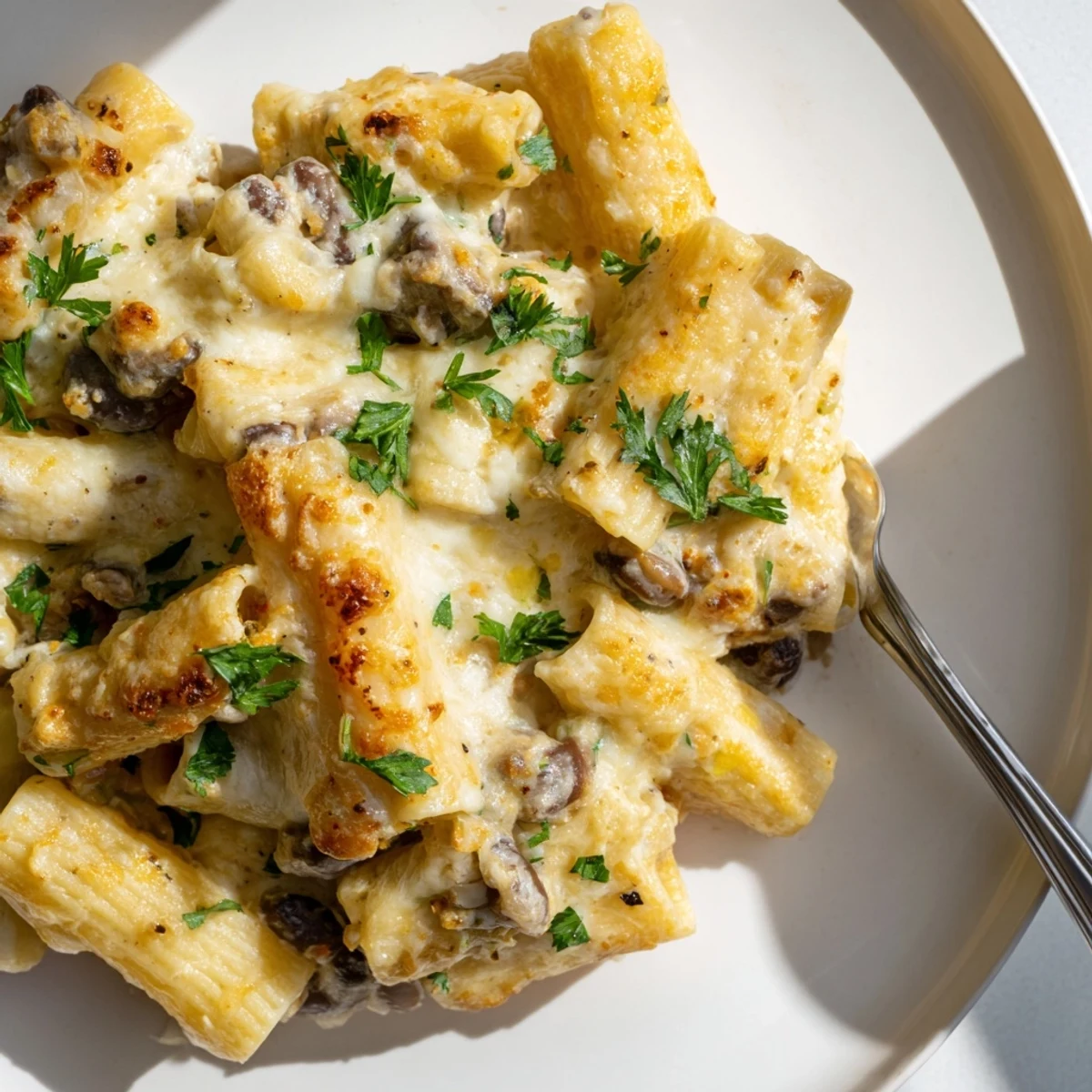 Creamy Alfredo Black Bean Pasta Bake with melted cheese, perfect for cozy dinners.