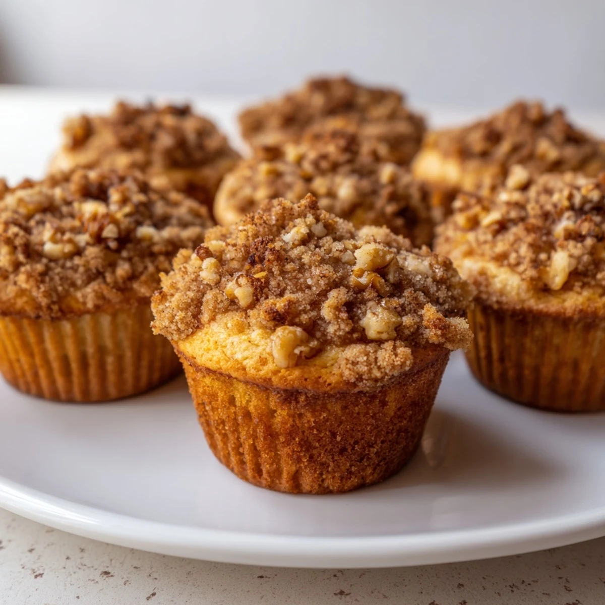 Fluffy cinnamon nut streusel muffins with a crunchy, golden topping, ideal for breakfast.