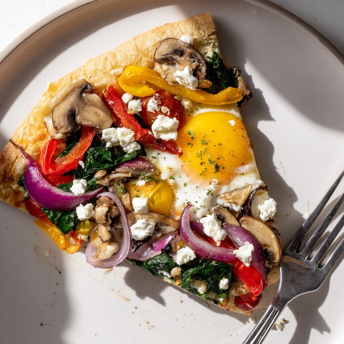 Mouthwatering garlic herb veggie breakfast pizza topped with fresh vegetables and cheese.  