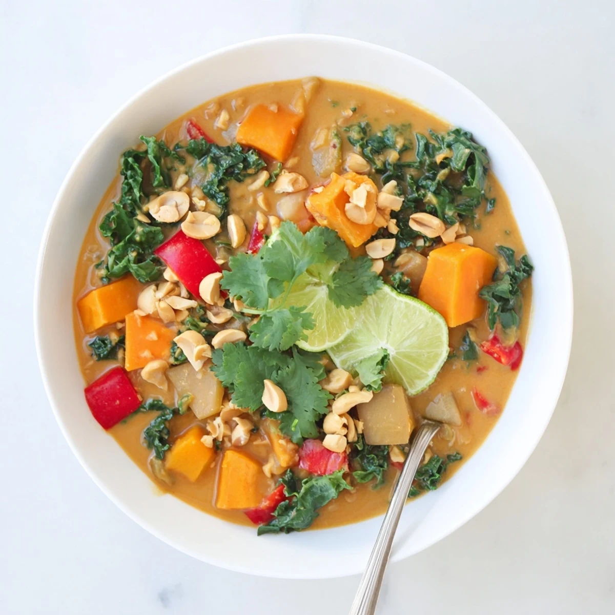 Creamy Thai Peanut Kale Veggie Stew, packed with vibrant veggies and rich flavors.