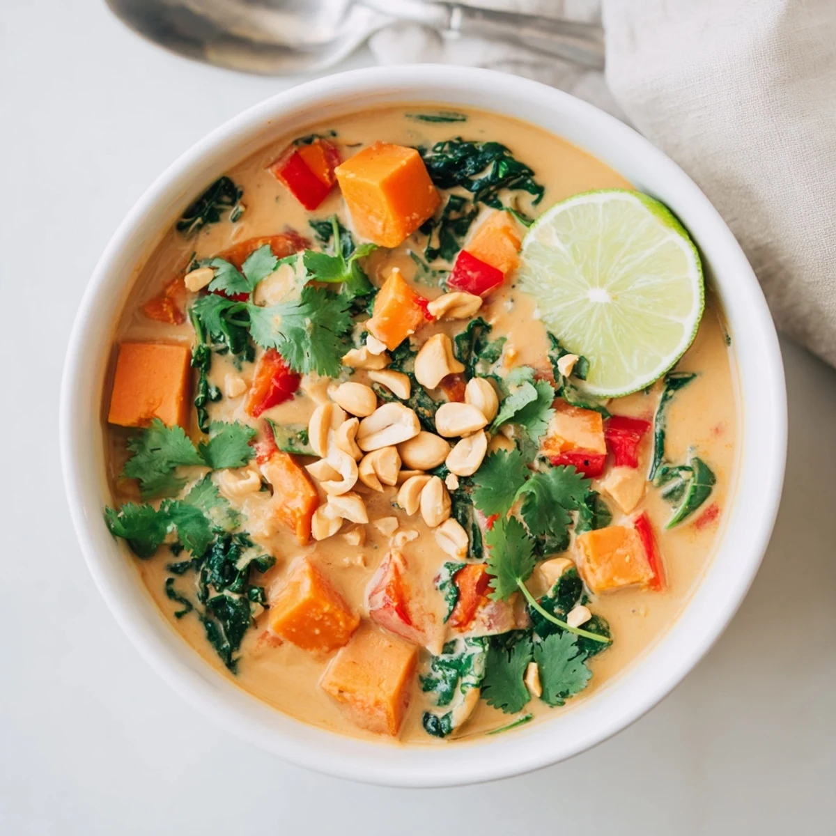 Hearty Thai Peanut Kale Veggie Stew featuring tender greens and a fragrant broth.