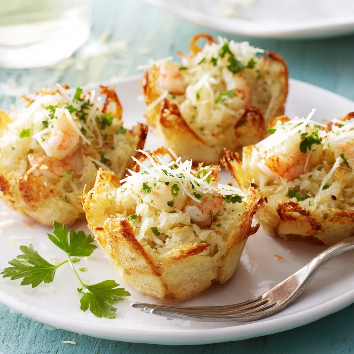 Golden toast cups filled with creamy shrimp Parmesan mixture, ideal for brunch gatherings.