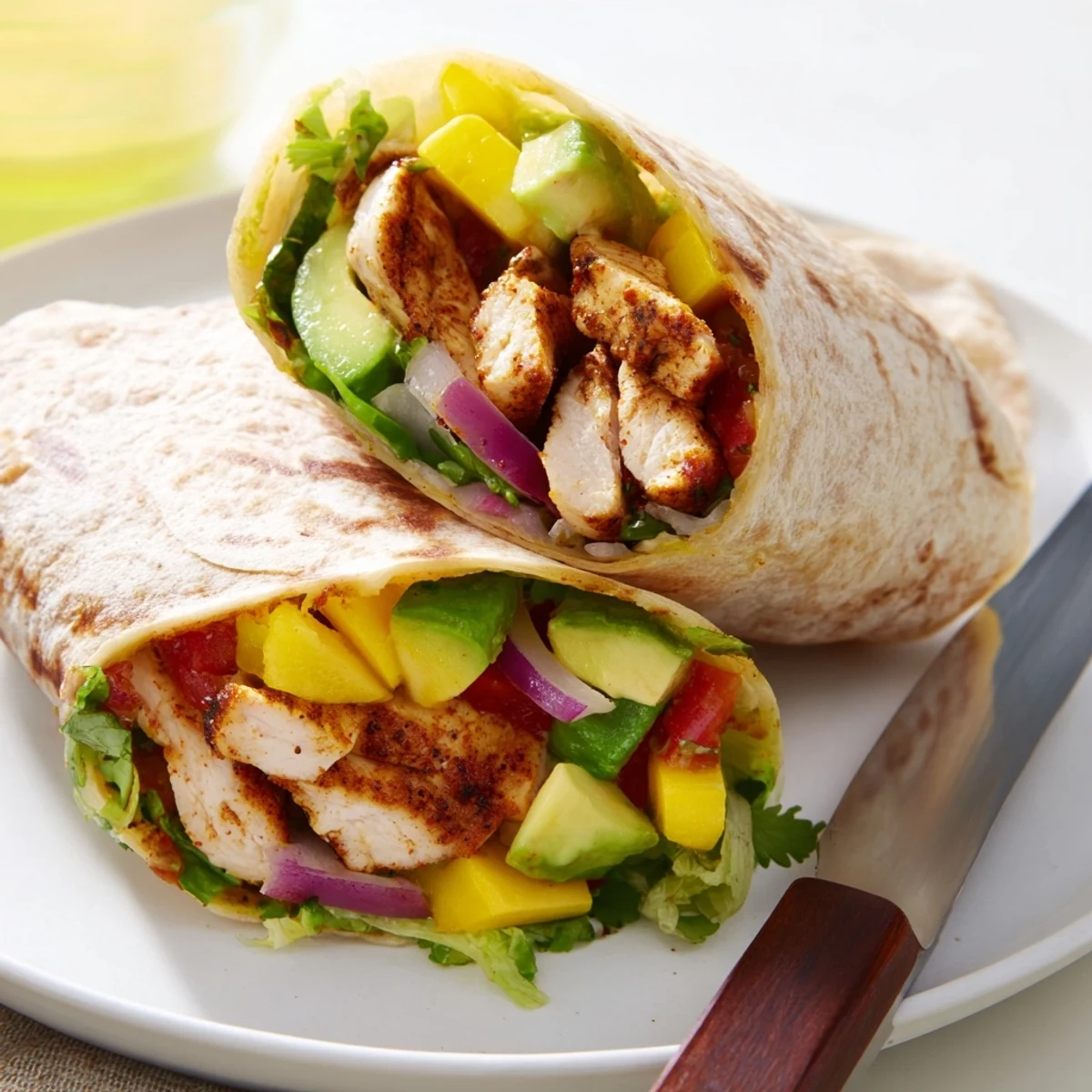 Tasty fusion of grilled chicken and sweet mango in a delightful burrito.  