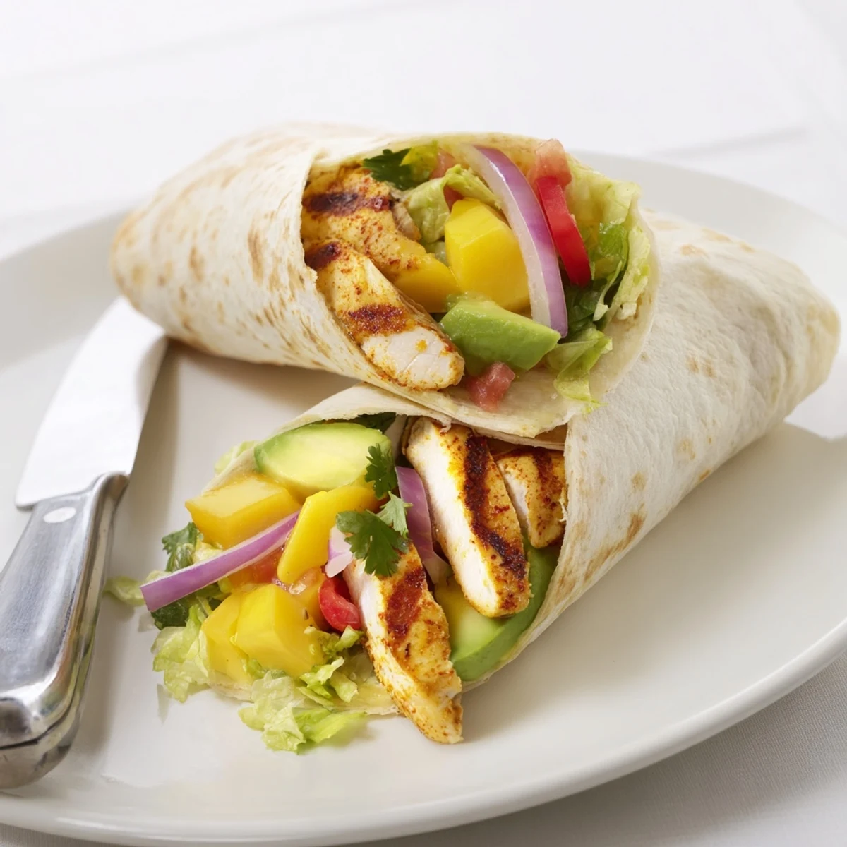 Colorful Mango Avocado Chicken Burritos filled with creamy avocado and vibrant veggies.