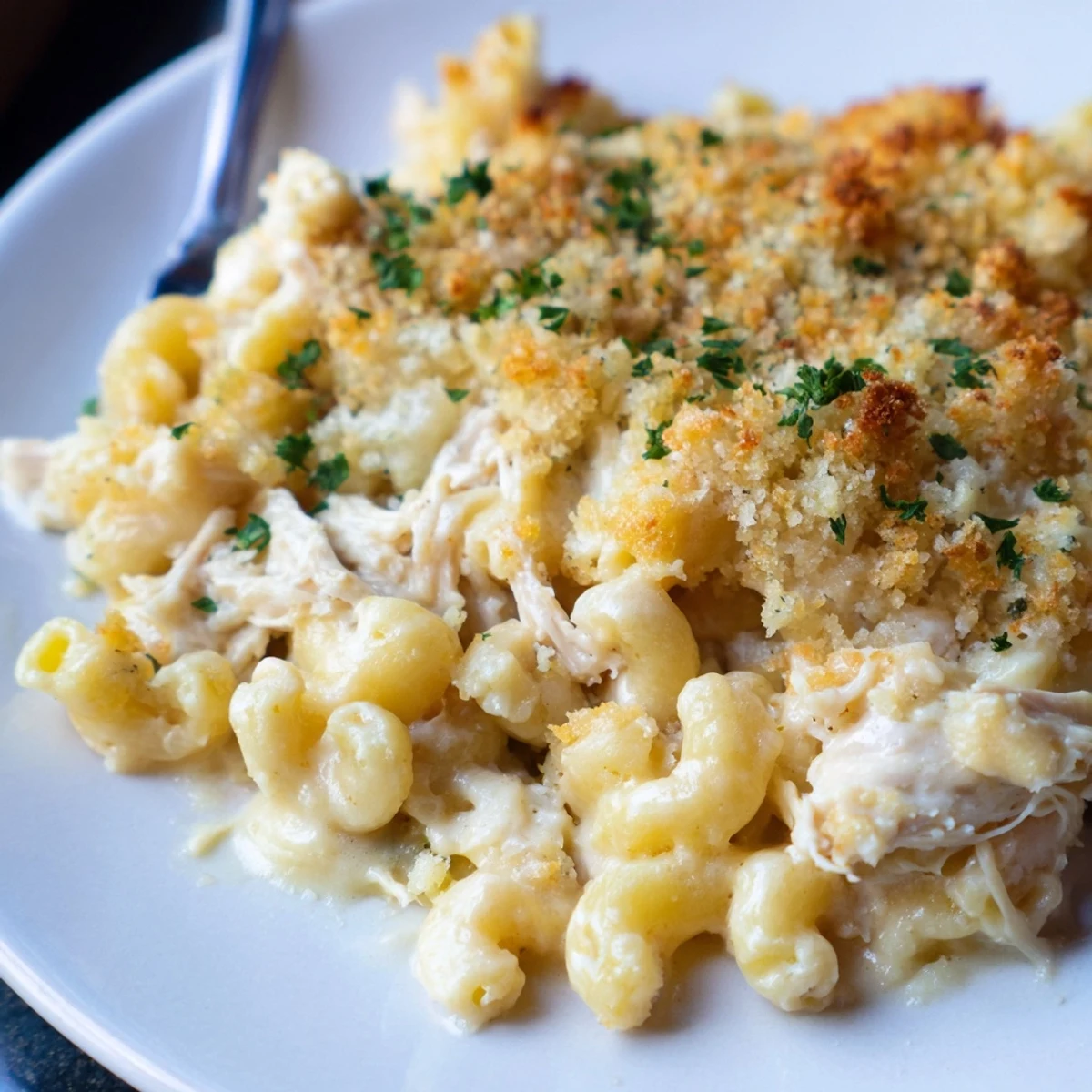 Creamy Mac and Cheese Chicken Alfredo Bake topped with golden breadcrumbs and parsley.  