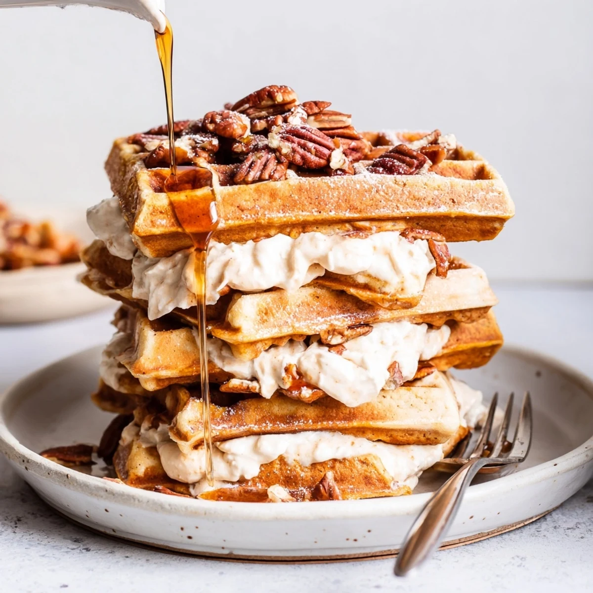 Golden brown pumpkin-spiced waffles layered with creamy ricotta, perfect for autumn mornings.